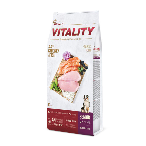 Akinu VITALITY Kuřecí & rybí granule krmivo pro seniorní psy středně velkých / v