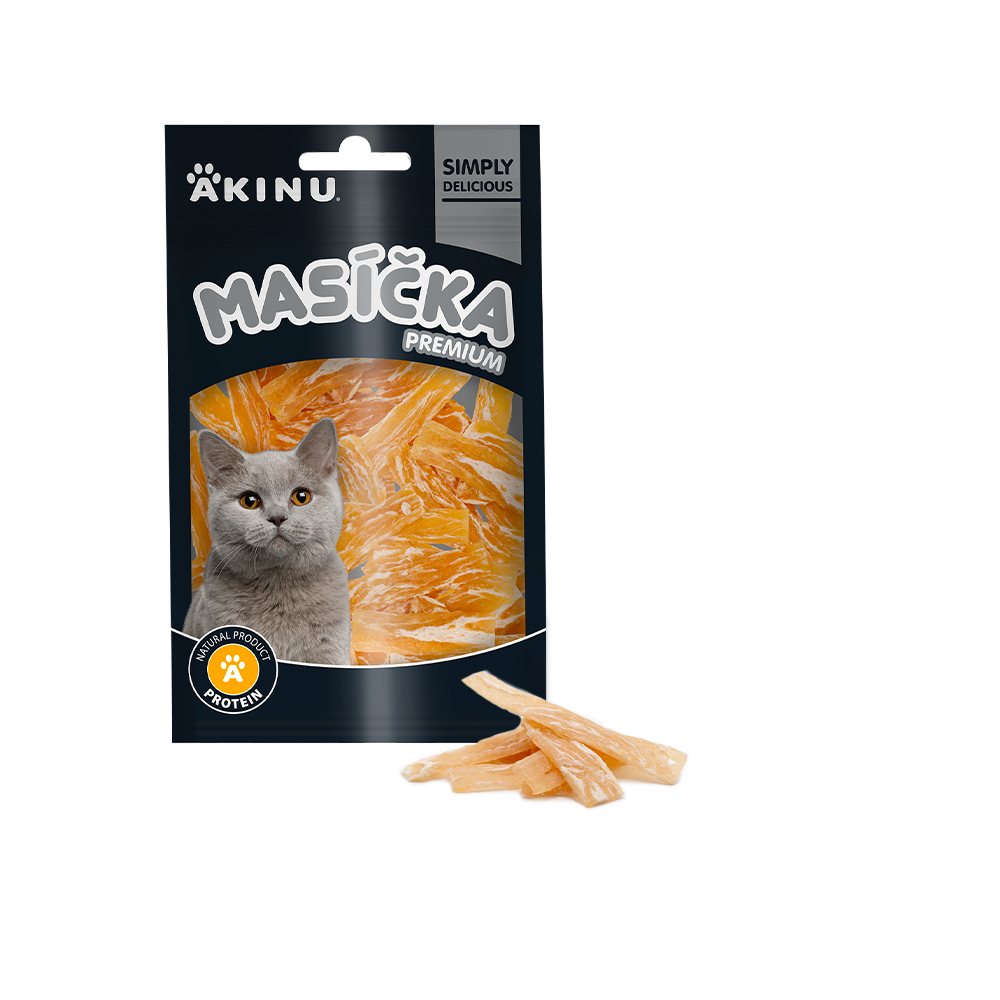 Akinu MASÍČKA PREMIUM Kuřecí plátky pro kočky mramorované 50 g