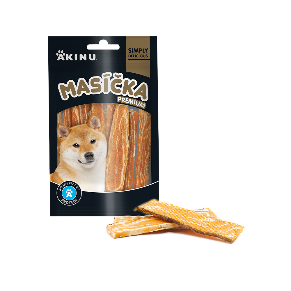 Akinu MASÍČKA PREMIUM Losos plátky s kůží pamlsek pro psy mramorované 75 g