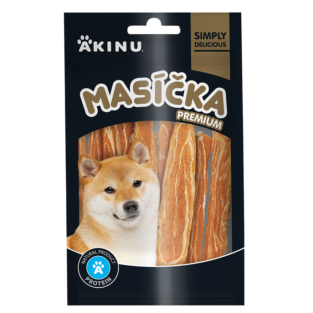 Akinu MASÍČKA PREMIUM Losos plátky s kůží pamlsek pro psy mramorované 75 g