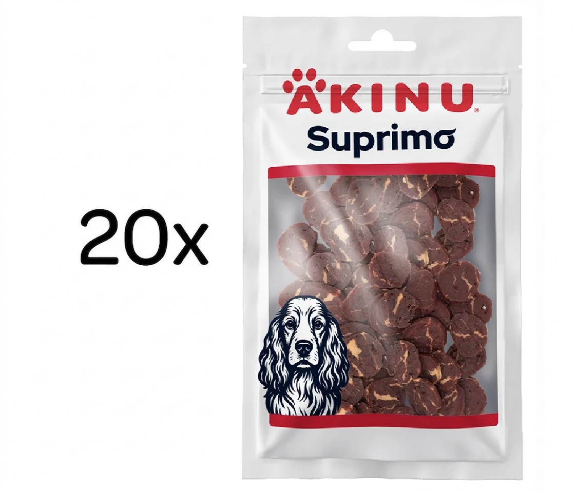 Akinu SUPRIMO Hovězí s kuřecí chrupavkou mini steak pamlsek pro psy 20 x 75 g