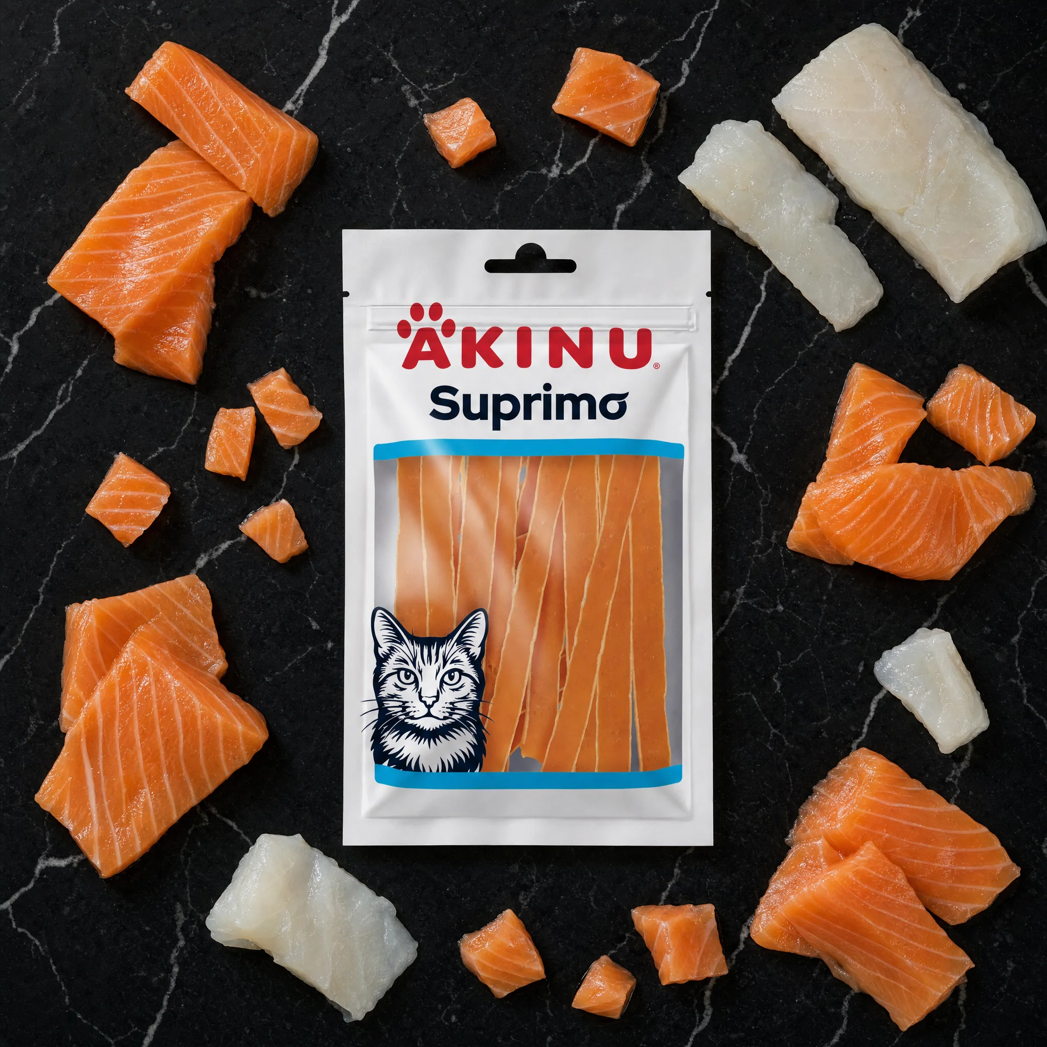 Akinu SUPRIMO Losos s treskou mini proužky pamlsek pro kočky 50 g